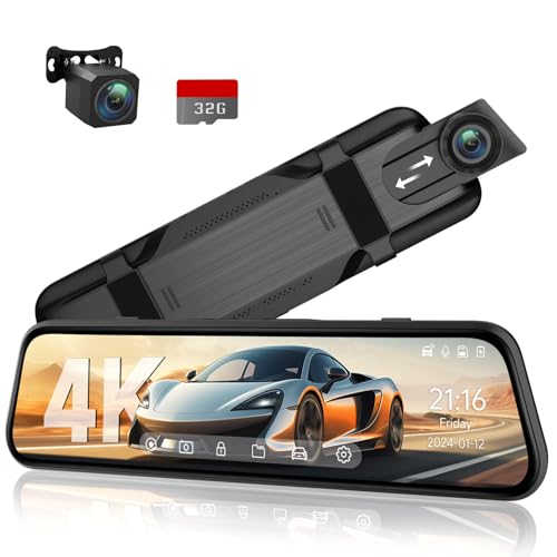 Veement VT10 4K Mirror Dash Cam Front and Rear, 10" Touchscreen for Cars