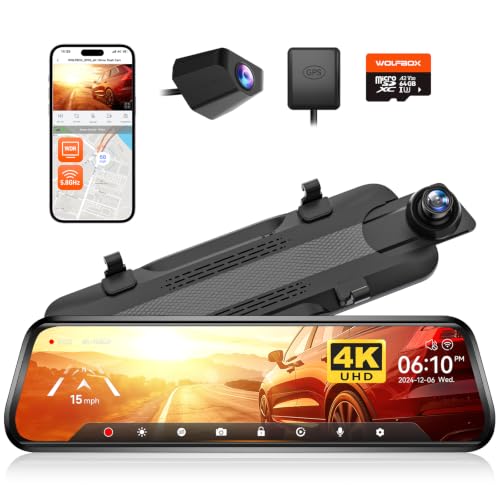 WOLFBOX G930 10'' 4K Rear View Mirror Camera with 64GB Card,5.8GHz WiFi