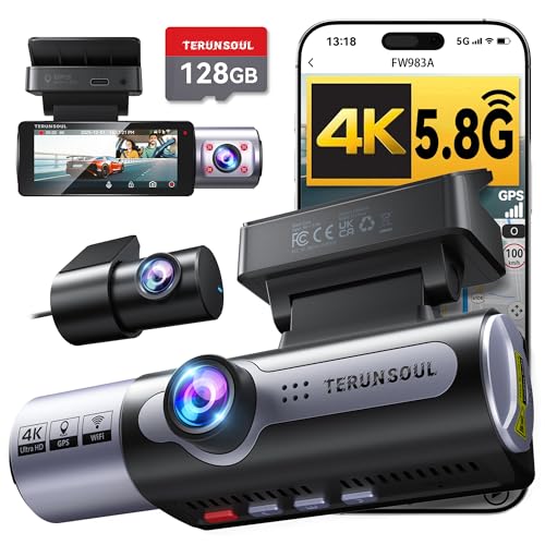 4K Dash Cam Front and Rear, Full HD 3 Channel Dashcam, Free 128GB Memory Card, Built-in 5.8GHz WiFi Built-in GPS, Collision Sensor, Night Vision, 3.16" IPS, 24H Parking Mode（Black）