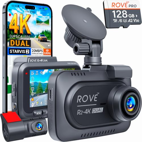 ROVE R2-4K Dual Dash Cam Front and Rear, STARVIS 2 Sensor, Free 128GB Card