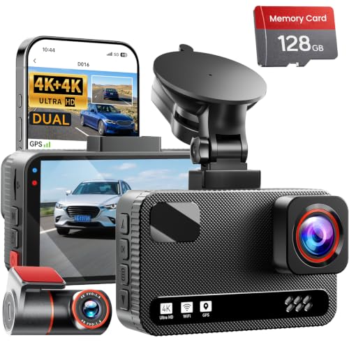 Front 4K + Rear 4K Dual Dash Cam Front and Rear，Free 128GB Card