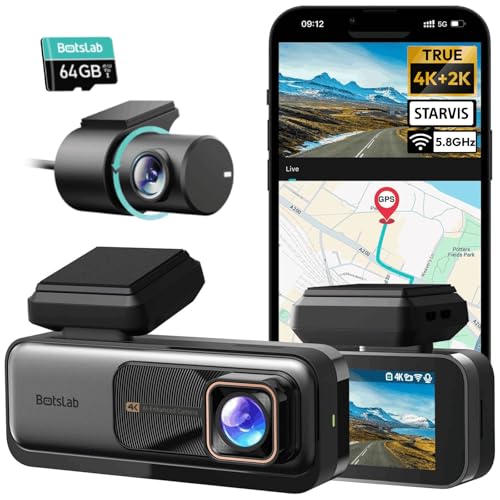 BOTSLAB 4K Dash Cam Front and Rear[2026 Upgraded], 64GB SD Card Included, STARVIS Sensor, 170° Ultra Wide 4K+2K Dashcam with ADAS, Night Vision, 24/7 Parking Mode, WDR, 5.8GHz WiFi, GPS,Loop Recording
