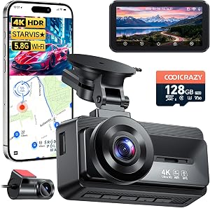 Coolcrazy 4K Dash Cam Front and Rear, STARVIS Sensor, Free 128GB Card Included, 5GHz WiFi-