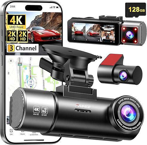 4K+2K+2K 3 Channel Dash Cam Front and Rear, 128GB Card Included, Dash — Build quality and design details up close