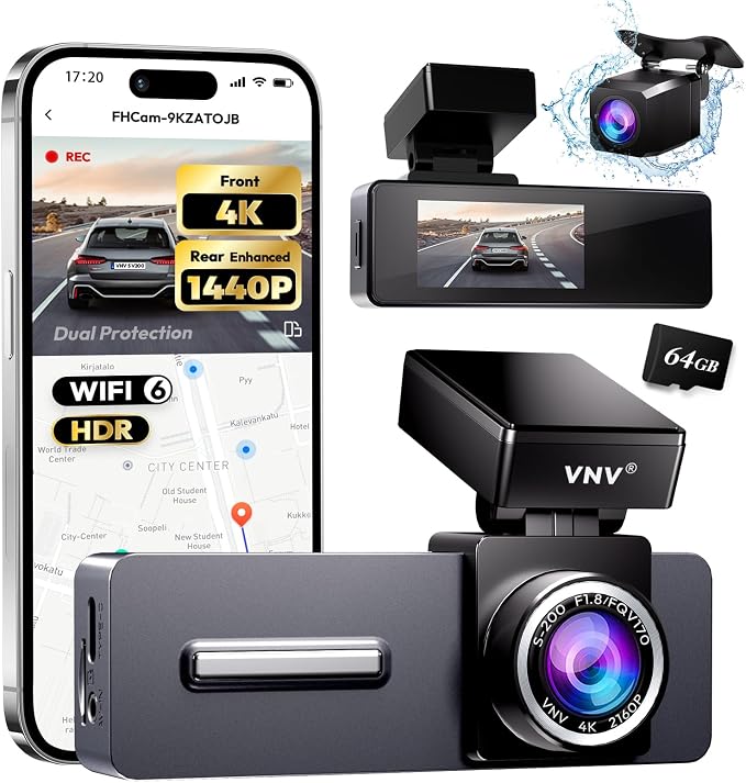 VNV 4K+2.5K Dash Cam Front and Rear, GalaxyCore Sensor, Free 64GB Card Included, Built-in WiFi App Control, Dash Camera for Cars with WDR Night Vision,170°Wide Angle, 24H Parking M